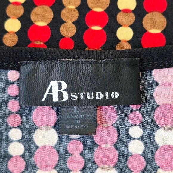 AB Studio Red Gold Black Faux Belt Polkadot Circles Blouse Italian Mob Wife Sz L - Picture 5 of 11